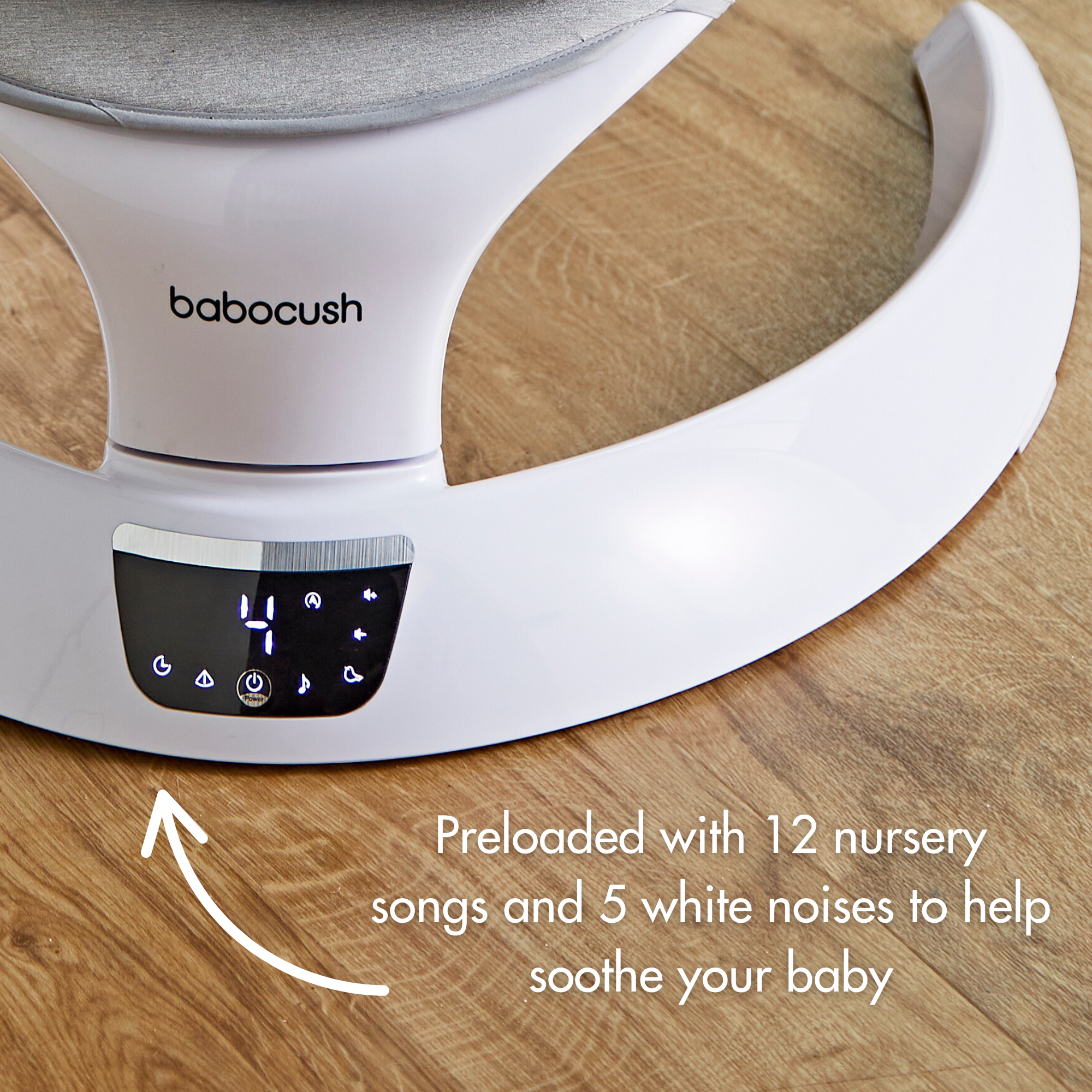 Preloaded with 12 nursery songs and 5 white noises to help soothe your baby