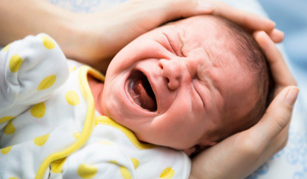 A fussy baby or a baby in pain with colic or reflux helped by a babocush