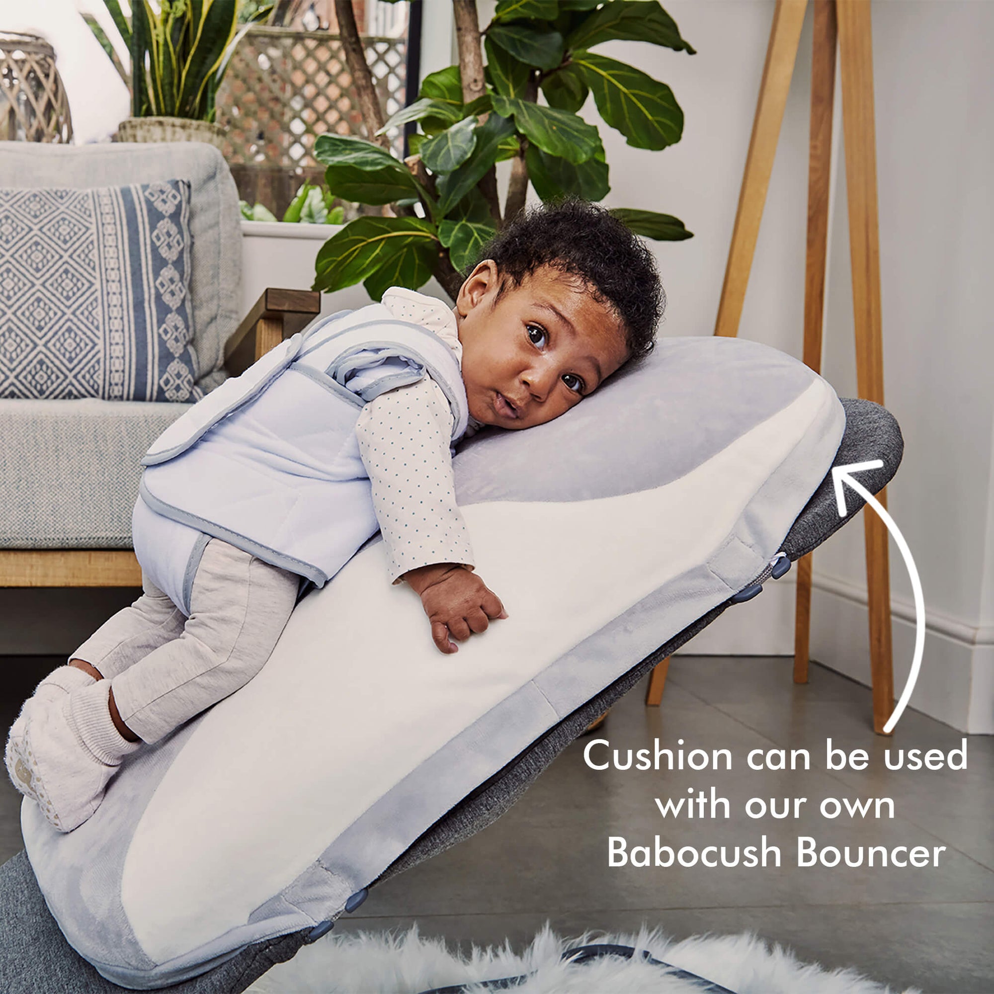 Babocush cushion used with baby bouncer